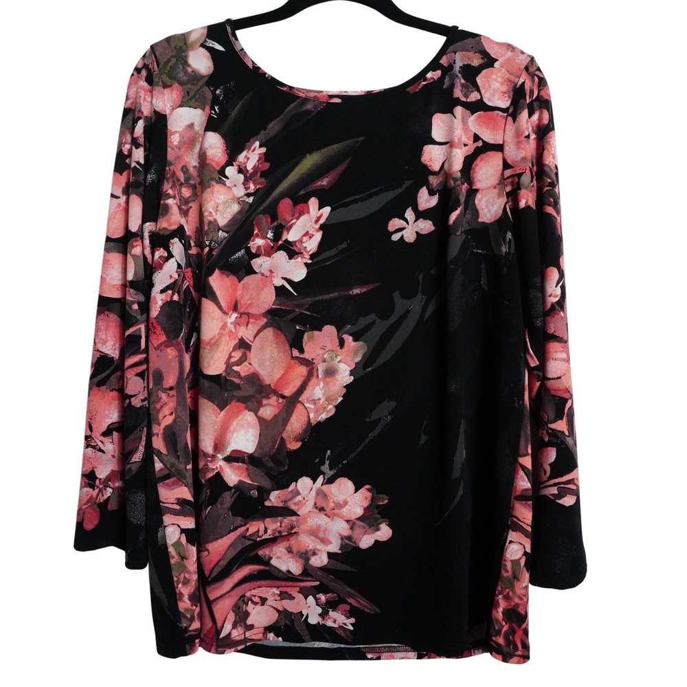 Bob Mackie Wearable Art Top Size M Floral Orchid Print Black Pink Long Sleeve
